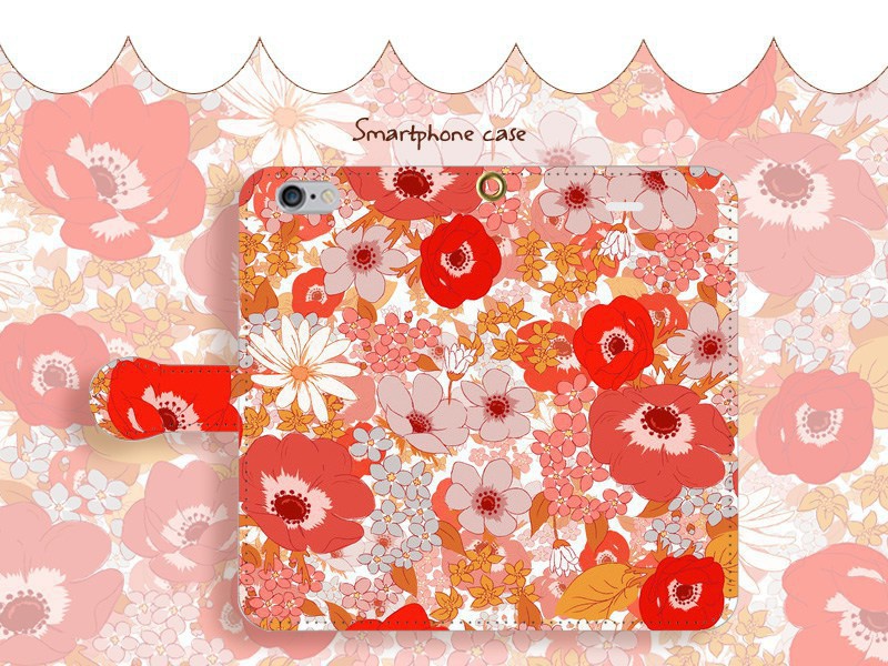 【カメラ穴あり】iPhone/Android対応 アネモネカーマイン【手帳型スマホケース】