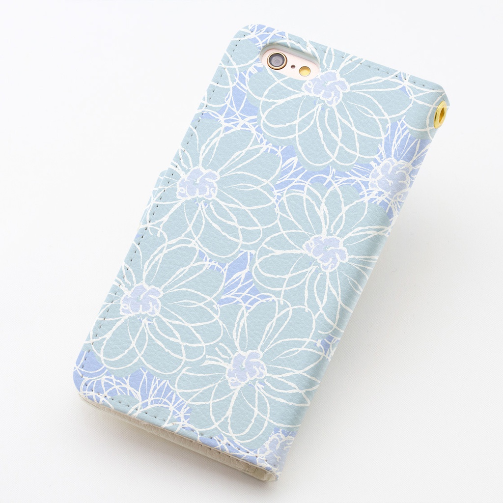 【カメラ穴あり】iPhone/Android対応 コットンフラワーブルー【手帳型スマホケース】