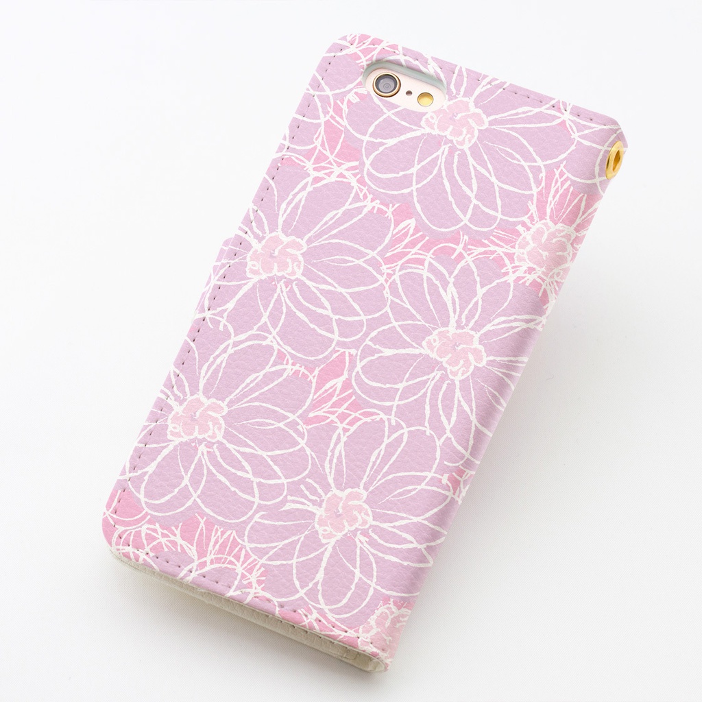 【カメラ穴あり】iPhone/Android対応 コットンフラワーピンク【手帳型スマホケース】