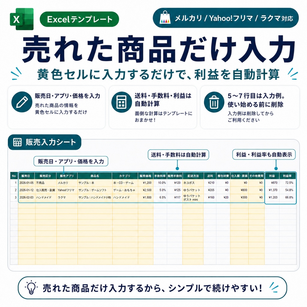 フリマ利益管理テンプレ Excel版|メルカリ・Yahoo!フリマ・ラクマ対応