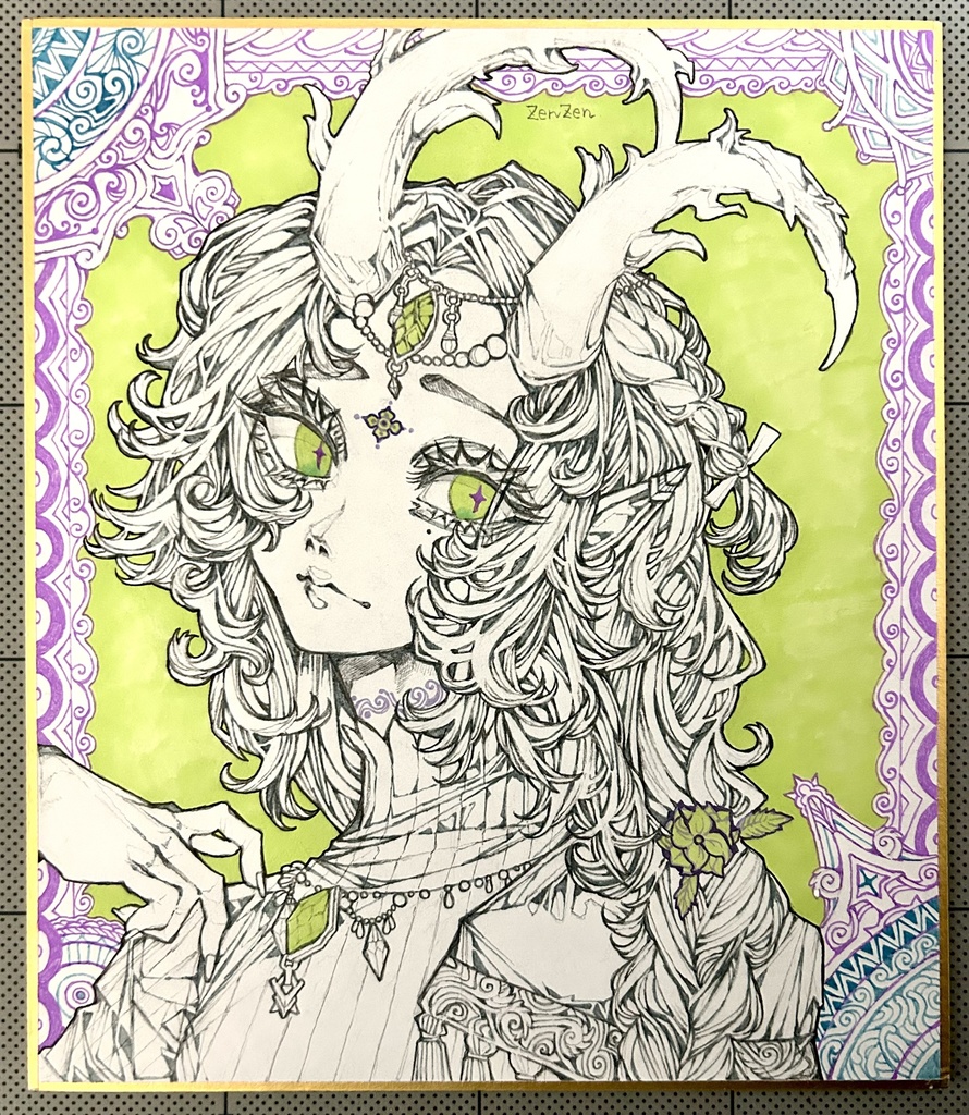 【原画】大きな角の三つ編み人外さん【色紙】