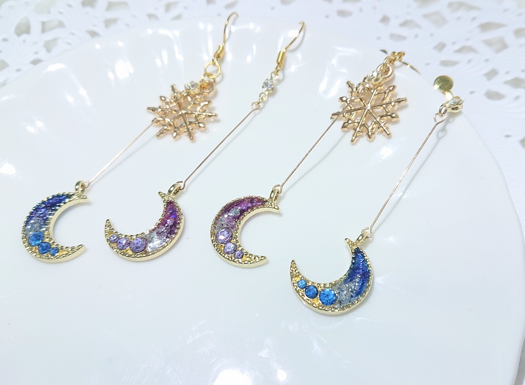 YOI 離そばカラー 月と結晶のアシンメトリーピアス、イヤリング