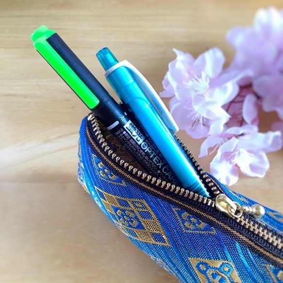 【瑠璃花菱】畳縁 テトラ型 ペンケース ゴールド エスニック オリエンタルブルー