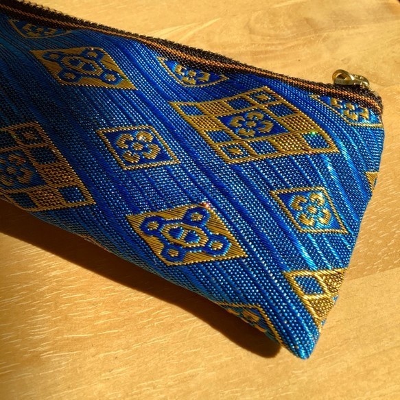 【瑠璃花菱】畳縁 テトラ型 ペンケース ゴールド エスニック オリエンタルブルー
