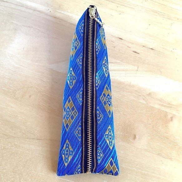 【瑠璃花菱】畳縁 テトラ型 ペンケース ゴールド エスニック オリエンタルブルー