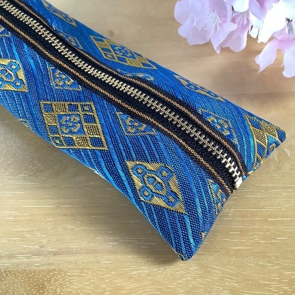 【瑠璃花菱】畳縁 テトラ型 ペンケース ゴールド エスニック オリエンタルブルー