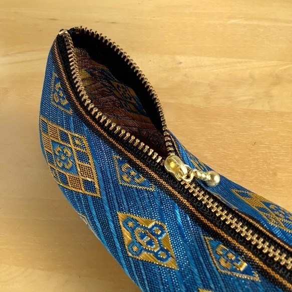 【瑠璃花菱】畳縁 テトラ型 ペンケース ゴールド エスニック オリエンタルブルー