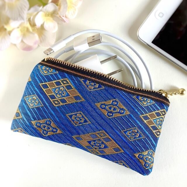 【瑠璃花菱】畳縁 テトラ型 ペンケース ゴールド エスニック オリエンタルブルー