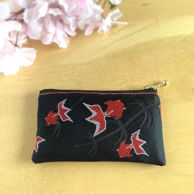 【金魚】畳縁 ミニポーチ カードケース 小銭入れ 黒 シノワズリ 和風