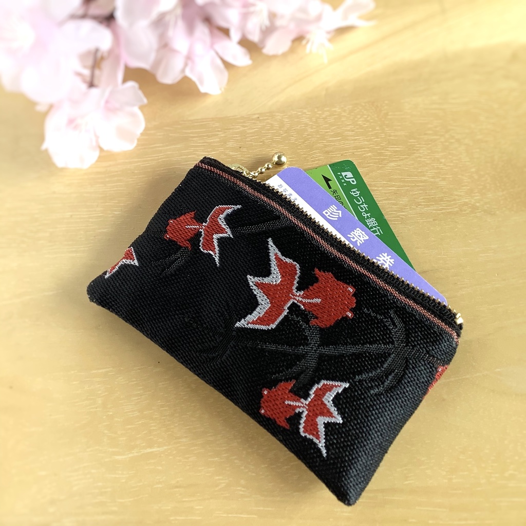 【金魚】畳縁 ミニポーチ カードケース 小銭入れ 黒 シノワズリ 和風