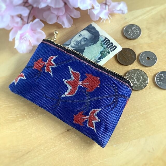 【金魚】畳縁 ぺたんこ ミニポーチ カードケース 小銭入れ 青 シノワズリ 和風