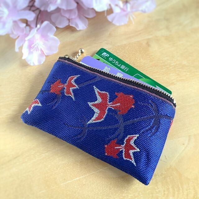 【金魚】畳縁 ぺたんこ ミニポーチ カードケース 小銭入れ 青 シノワズリ 和風