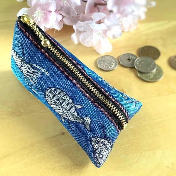 【魚介柄】畳縁 テトラ型 和風 ミニポーチ 小銭入れ 釣り 貝 青