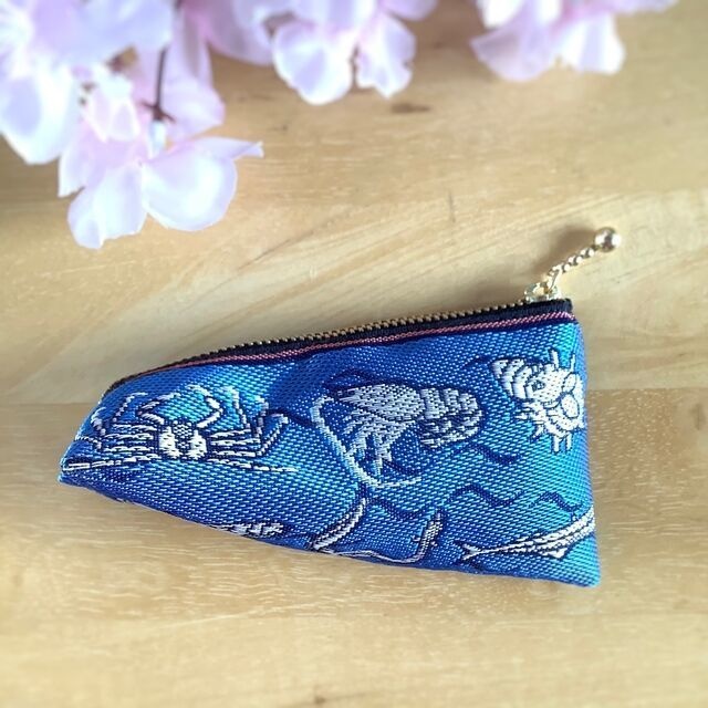 【魚介柄】畳縁 テトラ型 和風 ミニポーチ 小銭入れ 釣り 貝 青