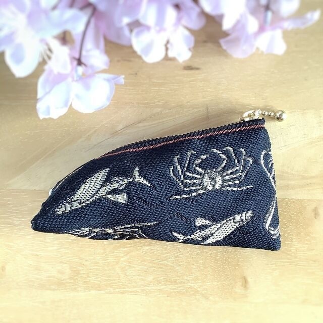 【魚介柄】畳縁 テトラ型 和風 ミニポーチ 小銭入れ 黒 貝 釣り