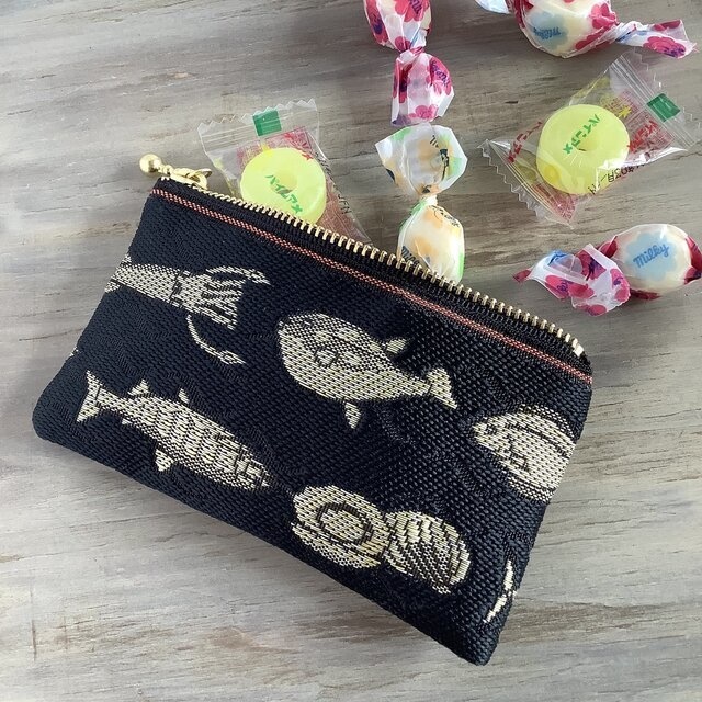 【魚介柄】畳縁 テトラ型 和風 ミニポーチ 小銭入れ 黒 貝 釣り