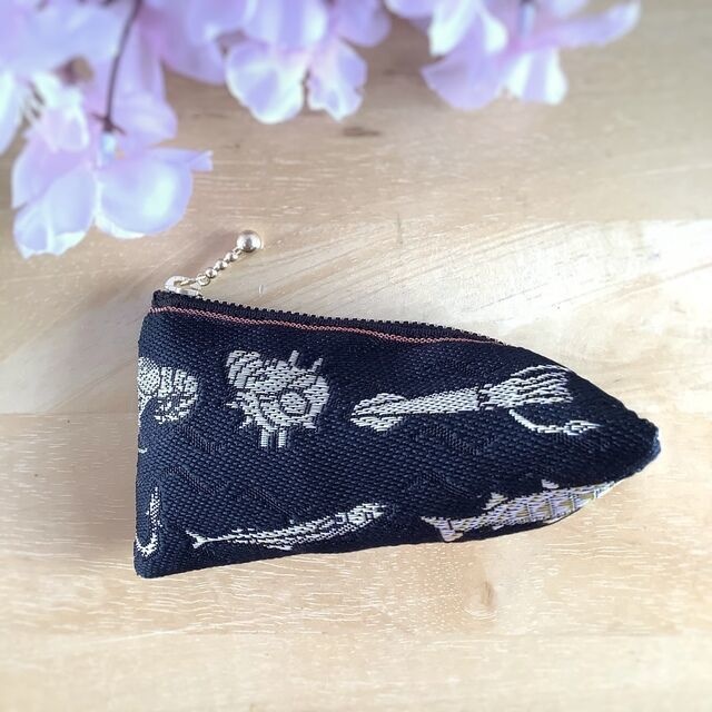 【魚介柄】畳縁 テトラ型 和風 ミニポーチ 小銭入れ 黒 貝 釣り