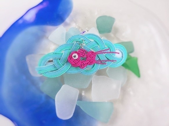 水引製 ゆらゆら金魚バレッタ 夏祭り 浴衣に アクア 水色