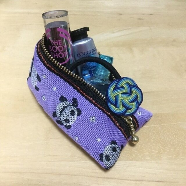 【パンダ柄】畳縁 テトラ型 ミニポーチ 小銭入れ 青