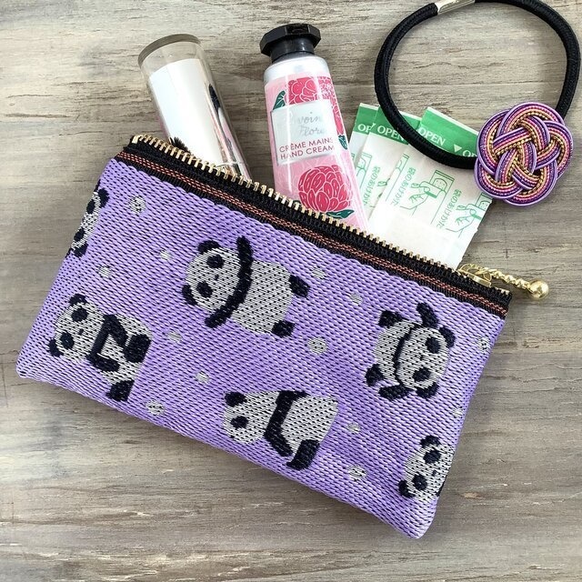 【パンダ柄】畳縁 テトラ型 ミニポーチ 小銭入れ 紫