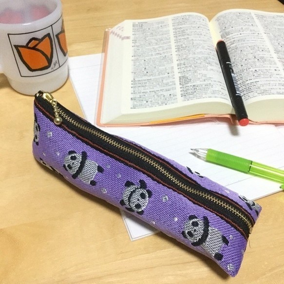 【パンダ柄】畳縁 テトラ型 ミニポーチ 小銭入れ 紫