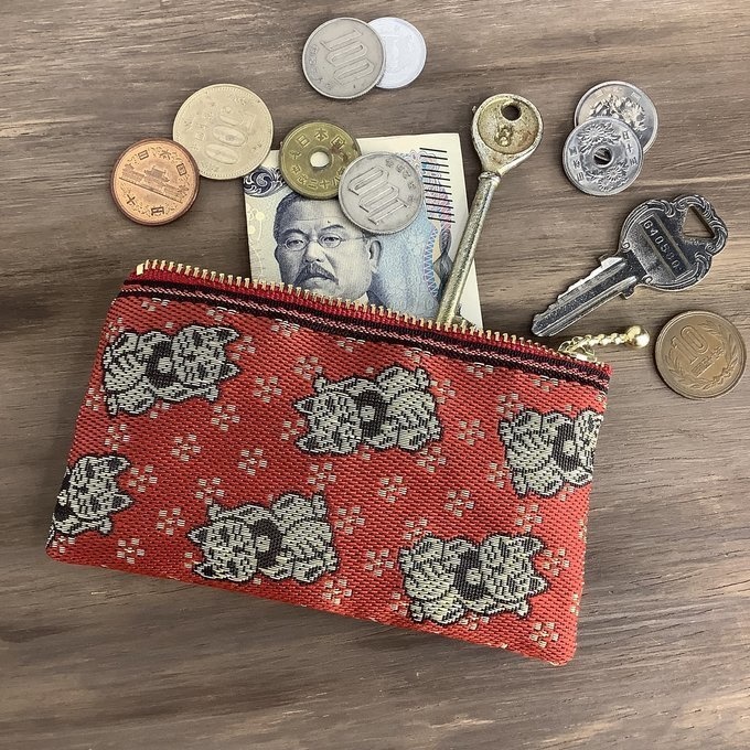 【招き猫】畳縁 テトラ型 ペンケース 縁起物 和風  赤