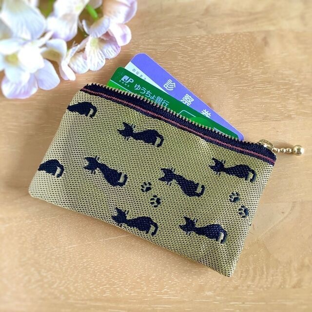 畳縁【黒猫】ぺたんこ カードケース 小銭入れ ミニポーチ ゴールド 猫