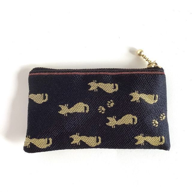 畳縁【金猫】ぺたんこ 小銭入れ ミニポーチ カードケース 黒 ゴールド