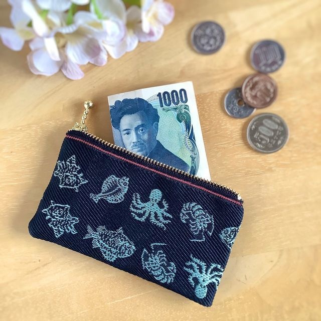 【魚介柄-2】畳縁 ぺたんこ カードケース 小銭入れ ミニポーチ 和風 黒
