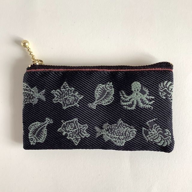 【魚介柄-2】畳縁 ぺたんこ カードケース 小銭入れ ミニポーチ 和風 黒