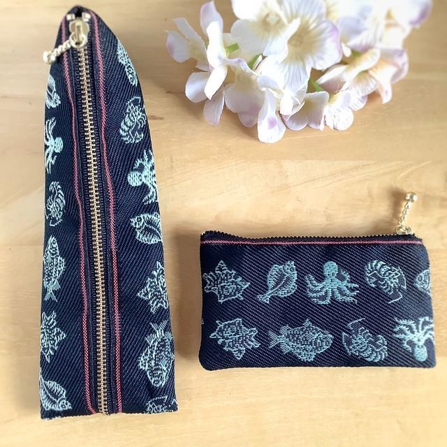 【魚介柄-2】畳縁 ぺたんこ カードケース 小銭入れ ミニポーチ 和風 黒