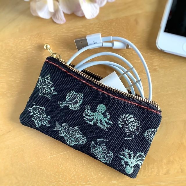 【魚介柄-2】畳縁 ぺたんこ カードケース 小銭入れ ミニポーチ 和風 黒