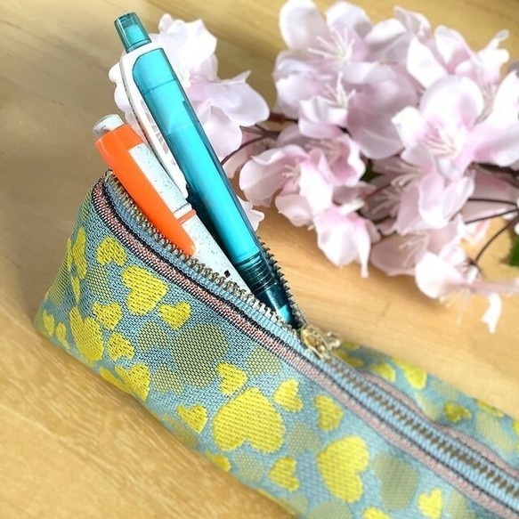 【ハート柄】畳縁 テトラ型 ペンケース 水色 黄色 ラブリー