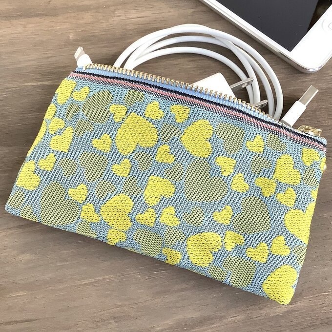 【ハート柄】畳縁 テトラ型 ペンケース 水色 黄色 ラブリー