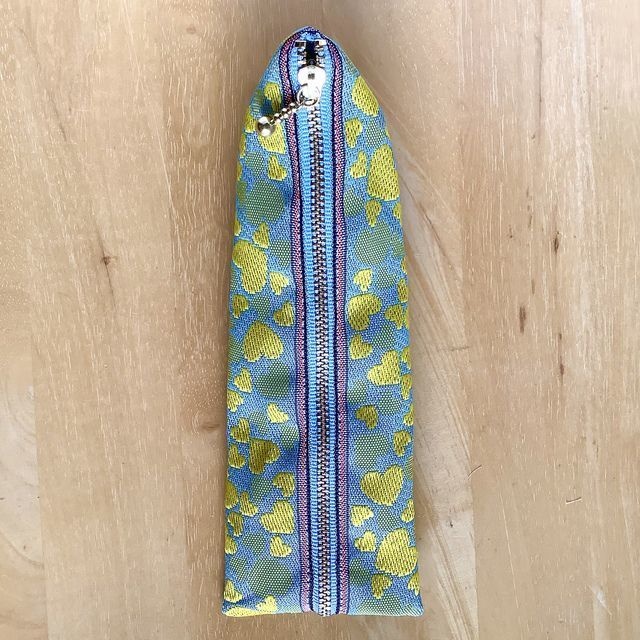 【ハート柄】畳縁 テトラ型 ペンケース 水色 黄色 ラブリー