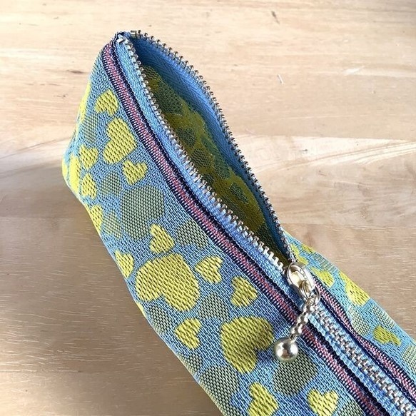 【ハート柄】畳縁 テトラ型 ペンケース 水色 黄色 ラブリー