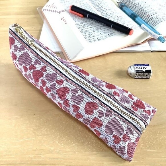 【ハート柄】畳縁 テトラ型 ペンケース 白 ラブリー バレンタイン