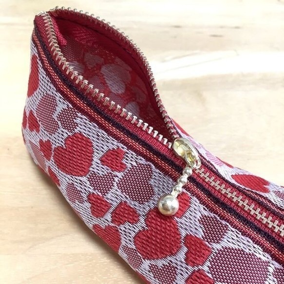 【ハート柄】畳縁 テトラ型 ペンケース ベージュ ラブリー バレンタイン