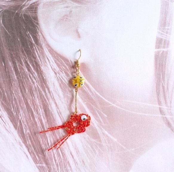 水引製 ゆらゆら金魚 ピアス 赤金