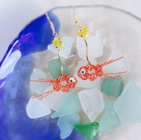 水引製 ゆらゆら金魚 ピアス 赤金