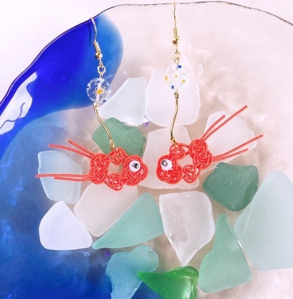 水引製　ゆらゆら金魚　ピアス　朱色