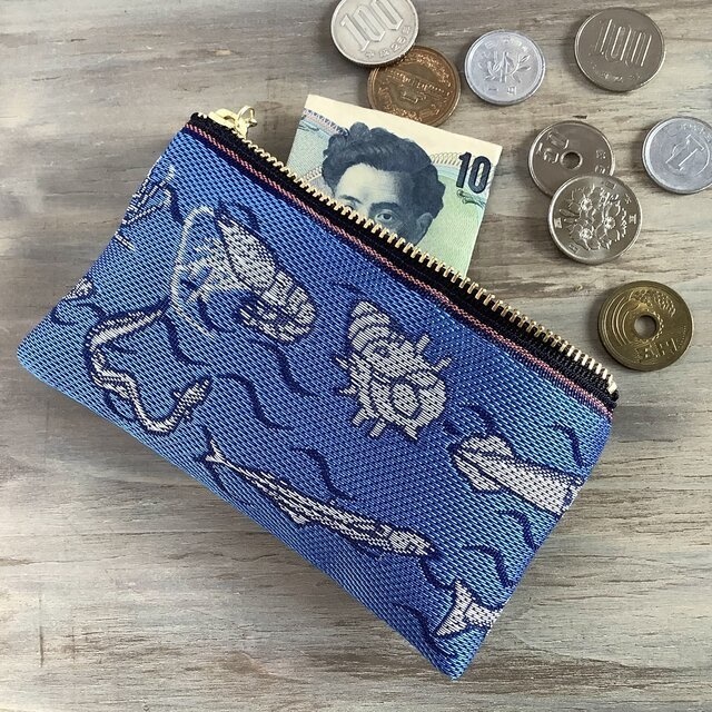 【魚介柄】畳縁 テトラ型 ペンケース 和風 ペンポーチ 青 釣り