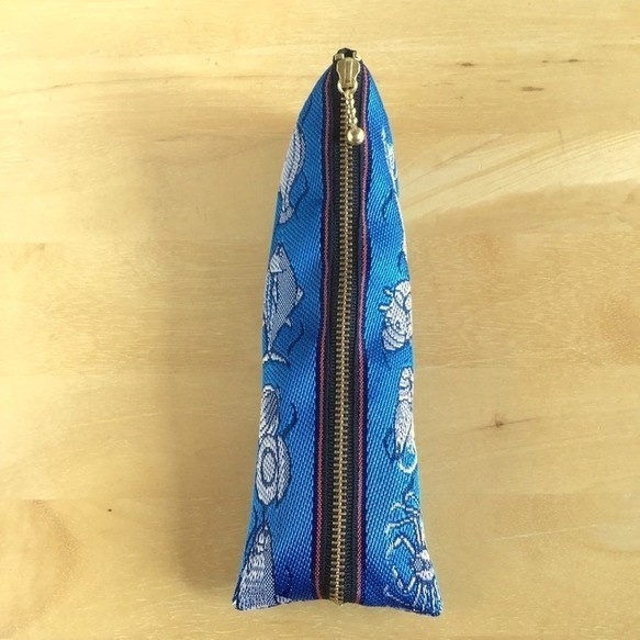 【魚介柄】畳縁 テトラ型 ペンケース 和風 ペンポーチ 青 釣り