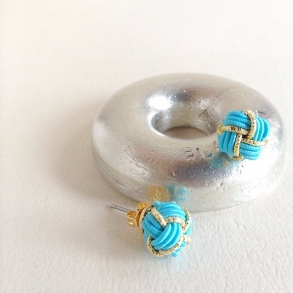 水引製 ターコイズ&ゴールド バイカラー ピアス リゾートにも