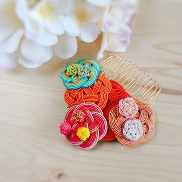 水引製 華やかでレトロな髪飾り 袴や振袖に! オレンジピンク ヘアコーム