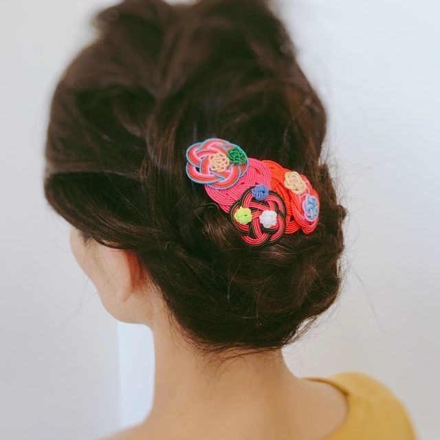 水引製 華やかでレトロな髪飾り 袴や振袖に! オレンジピンク ヘアコーム