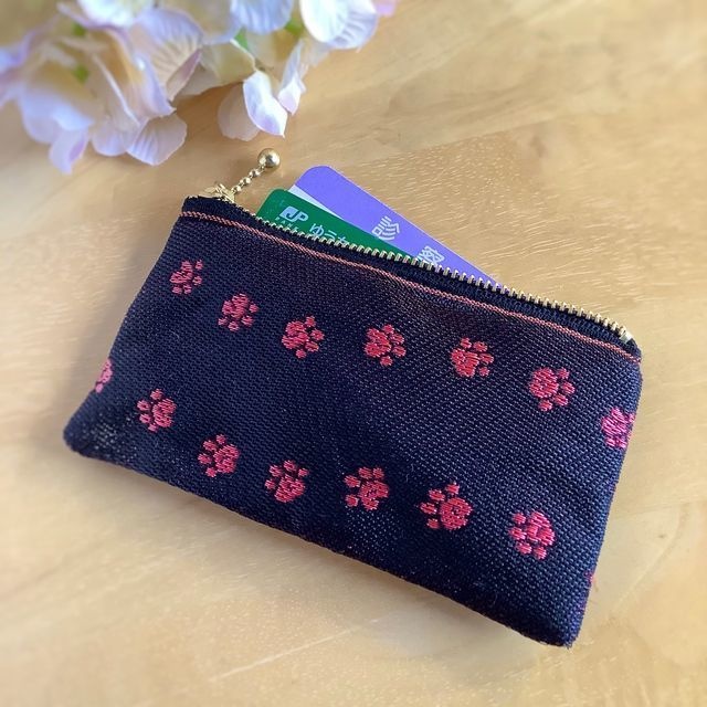 【あしあと】畳縁 ぺたんこ カードケース 小銭入れ ミニポーチ 黒×赤