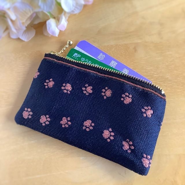 【あしあと】畳縁 ぺたんこ ミニポーチ カードケース 小銭入れ 黒×茶