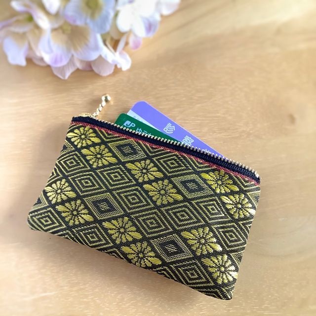 【花菱】畳縁 ぺたんこ ミニポーチ 小銭入れ カードケース 金 黒 ひし型