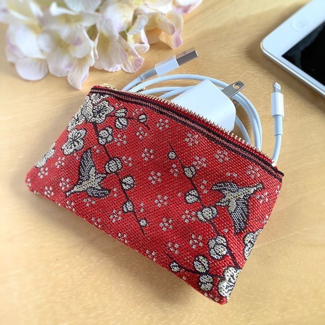 【梅に鶯】畳縁 テトラ型 ペンケース 小鳥 和風 赤